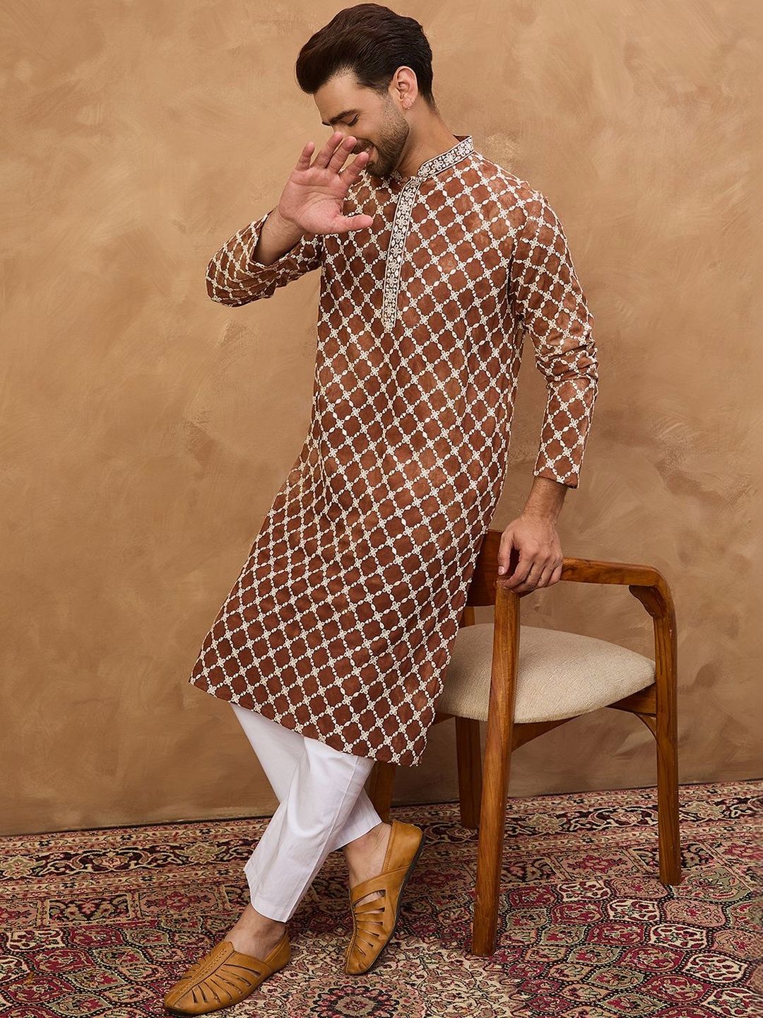 Ethnic Bay Men Brown Viscose Rayon Solid Embroidered Straight Kurta With Pant Set-MKSET1535