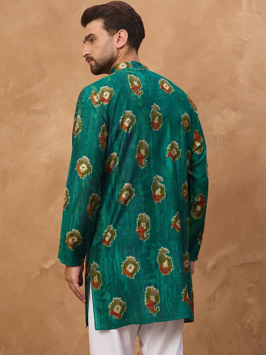 Ethnic Bay Men Teal Viscose Rayon Ethnic Motifs Printed Straight Kurta With Pant Set-MKSET1541