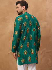 Ethnic Bay Men Teal Viscose Rayon Ethnic Motifs Printed Straight Kurta With Pant Set-MKSET1541