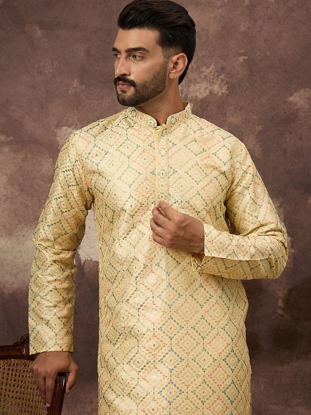 Ethnic Bay Men Yellow Silk Blend Solid Embroidered Straight Kurta With Pant Set-MKSET1383