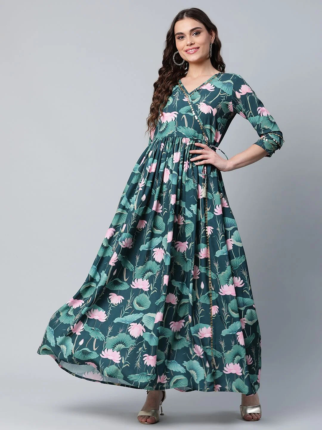 Dark Green Printed Dress - Women's Western Clothing Online