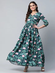 Dark Green Digital Print Flared Dress-AHDRCRDP-893