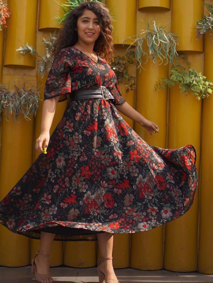 Black & Red Floral Printed Indian Kurta for Women | Flared Hem