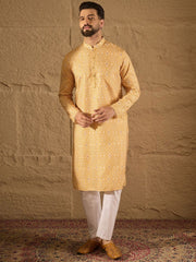 Ethnic Bay Men Yellow Silk Blend Ethnic Motif Embroidered Straight Kurta With Pant Set-MKSET1304