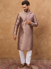 Ethnic Bay Men Mauve Silk Blend Solid Woven Design Straight Kurta With Pant Set-MKSET1458