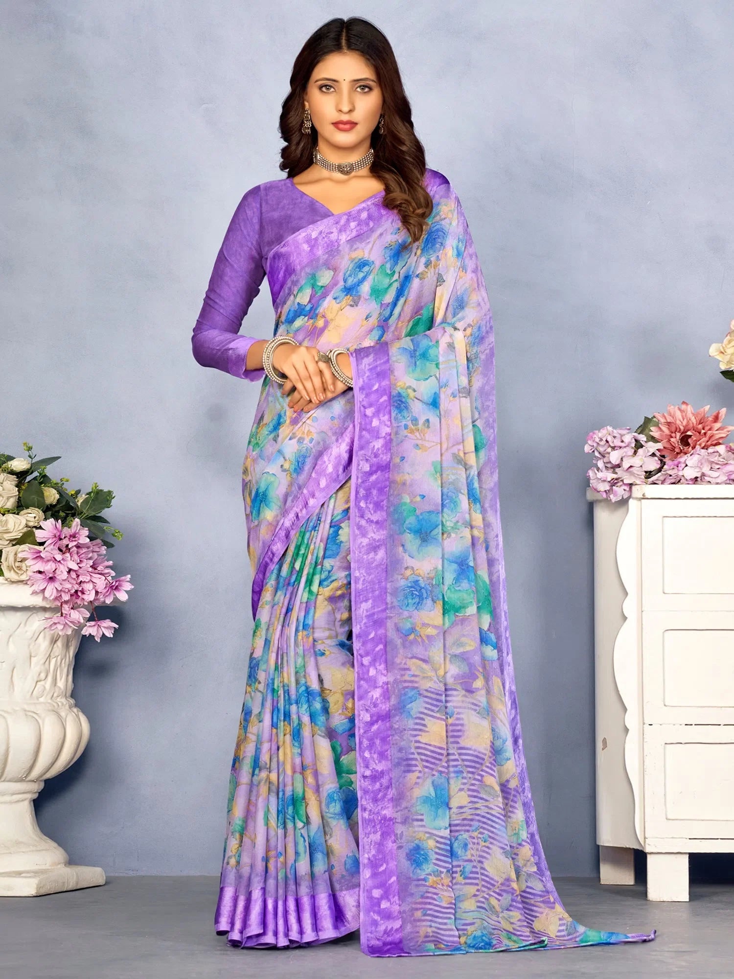 Lavender Printed Polyester Saree | Indian Sarees