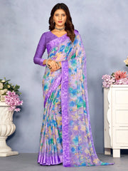 Women's Blend Blue Printed Designer Saree With Blouse Piece-HOLAND30G