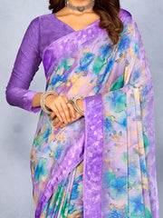 Women's Blend Blue Printed Designer Saree With Blouse Piece-HOLAND30G