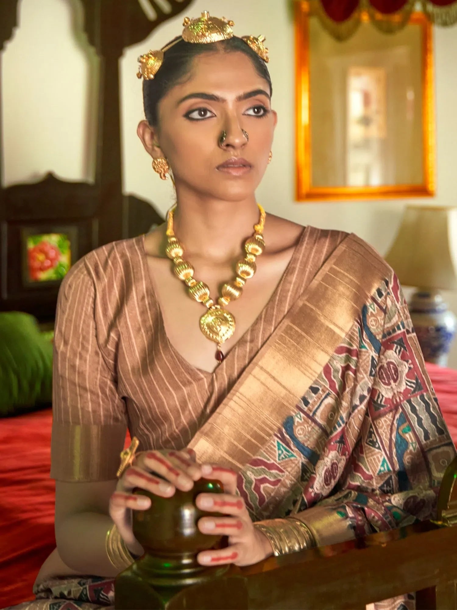 Brown Printed Polyester Saree | Indian Sarees with Blouse Piece