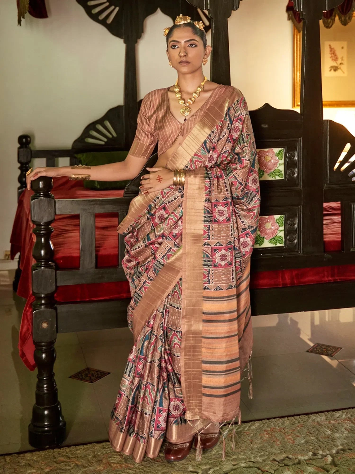 Brown Printed Polyester Saree | Indian Sarees with Blouse Piece