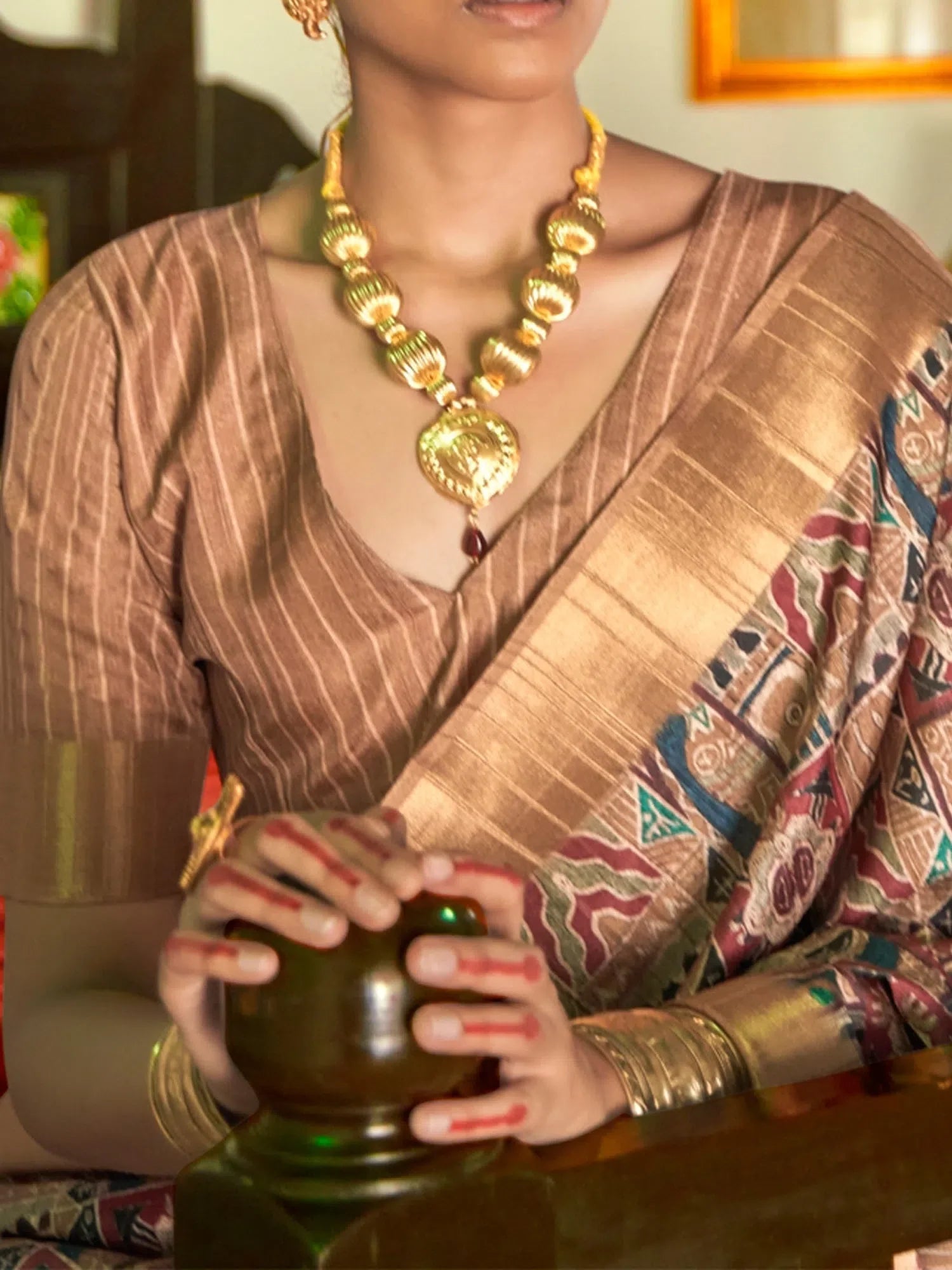 Brown Printed Polyester Saree | Indian Sarees with Blouse Piece