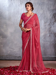 Women's Chiffon Pink Embellished Designer Saree With Blouse Piece-CHUNRI1009