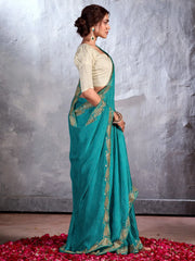 Women's Chiffon Blue Embellished Designer Saree With Blouse Piece-CHUNRI1013
