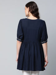 Navy Blue Rayon Silver Foil Print Tunic-AHTURYGP-8049