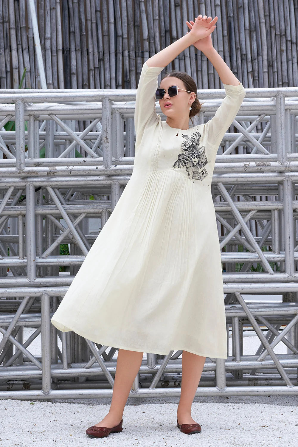 Plus Size Hand-Painted Off White Cotton A-Line Dress for Women