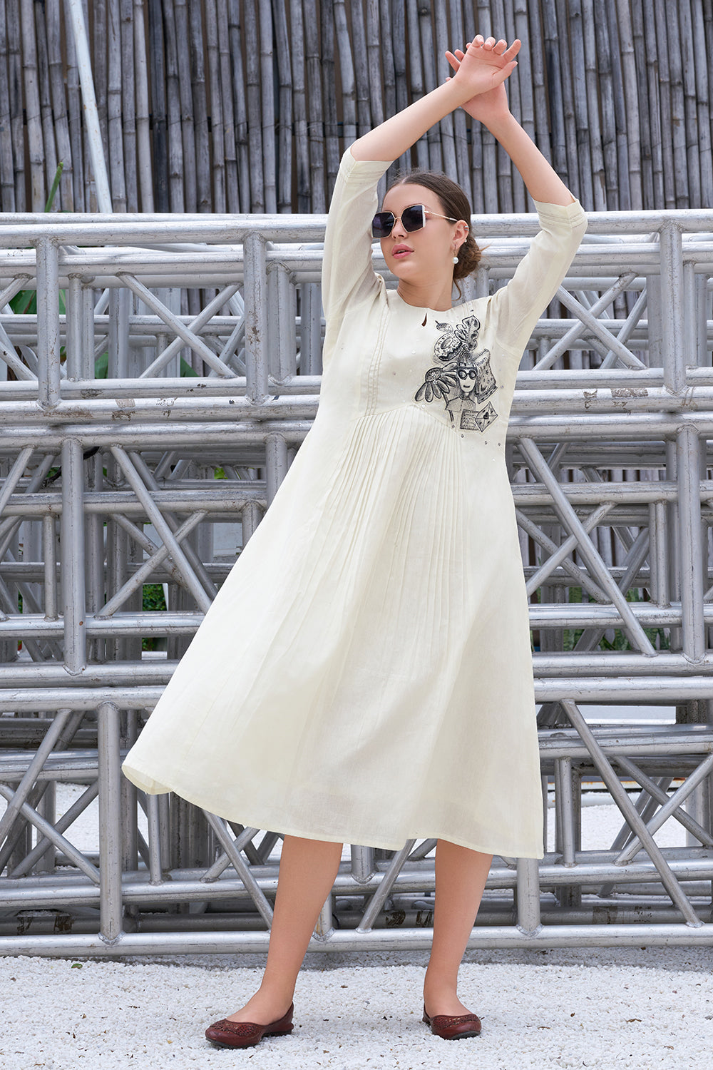 Plus Size Hand-Painted Off White Cotton A-Line Dress for Women