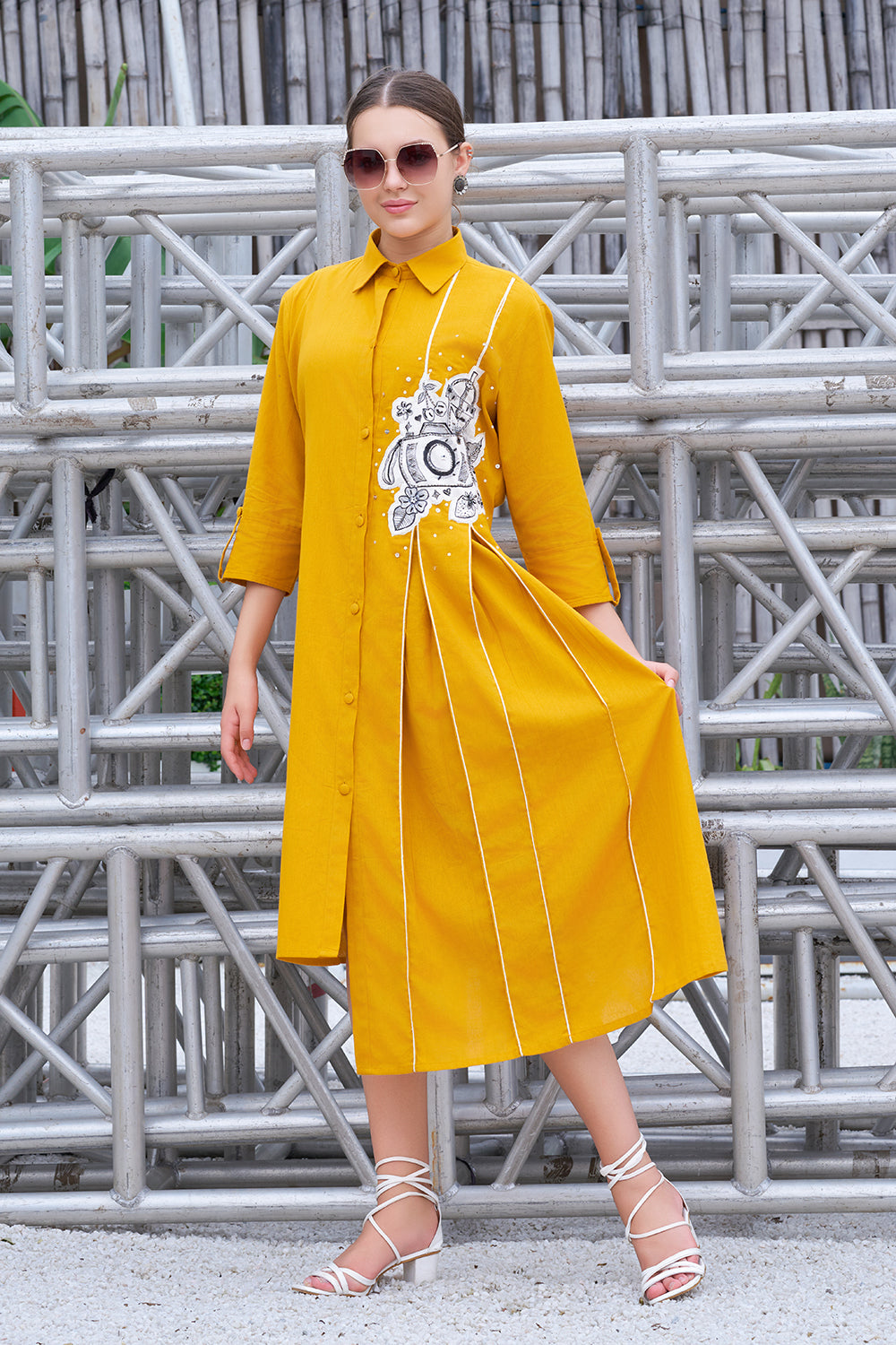 Plus Size Hand-Painted Mustard Cotton Shirt Collar A-Line Flared Dress