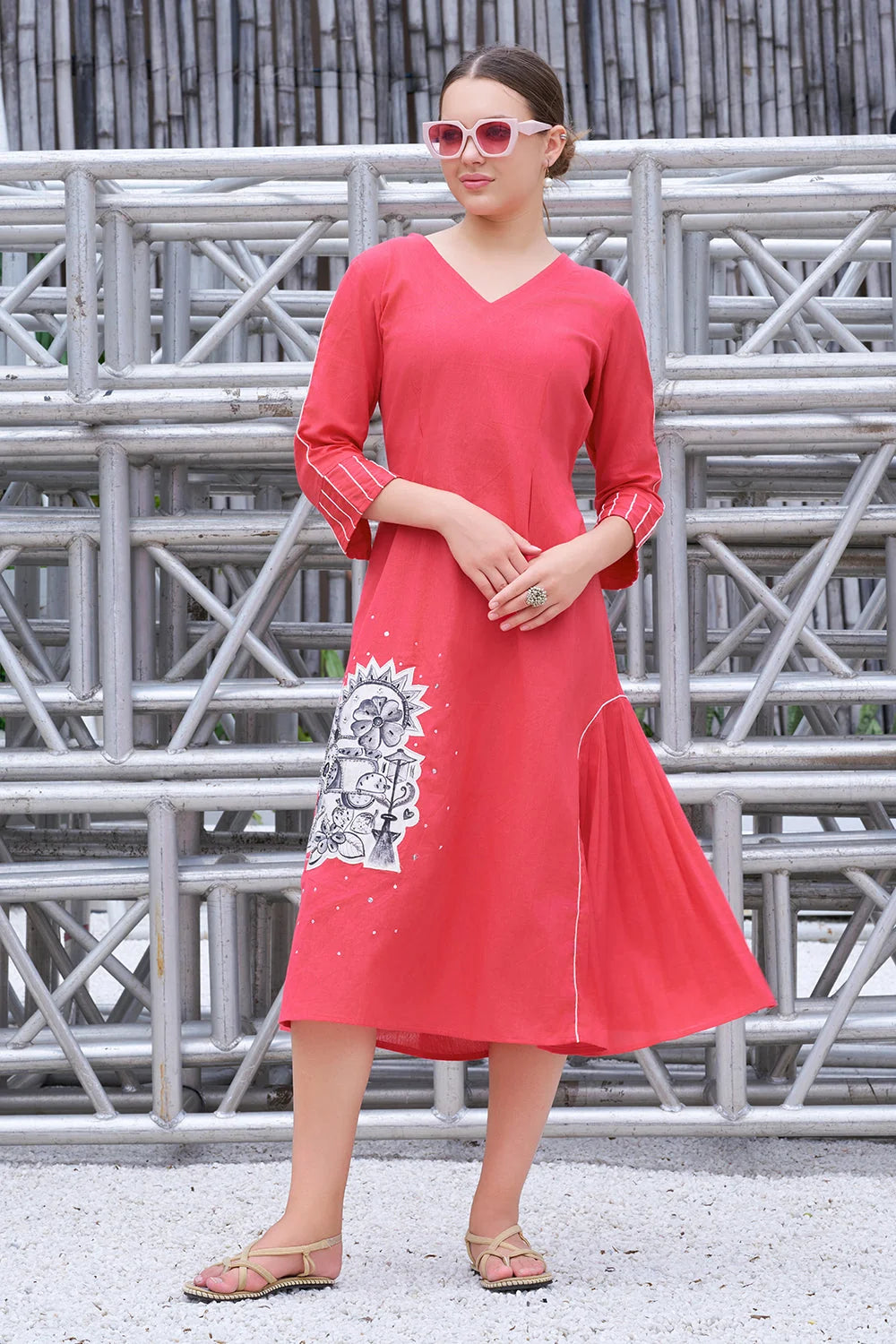 Plus Size Hand-Painted Pink Cotton A-Line Dress