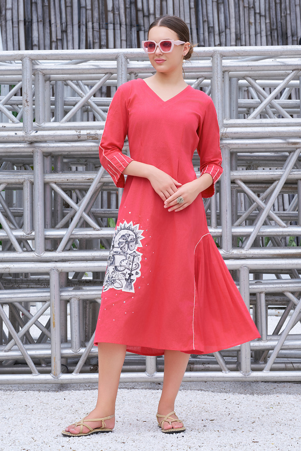 Plus Size Hand-Painted Pink Cotton A-Line Dress