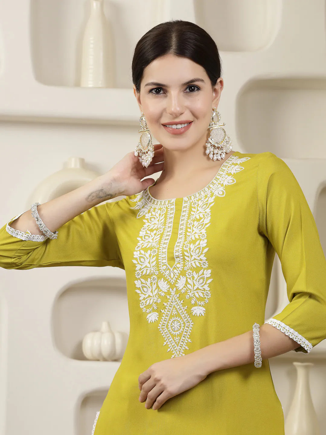 Yellow Embroidered Chikankari Kurti - Indian Kurta for Women