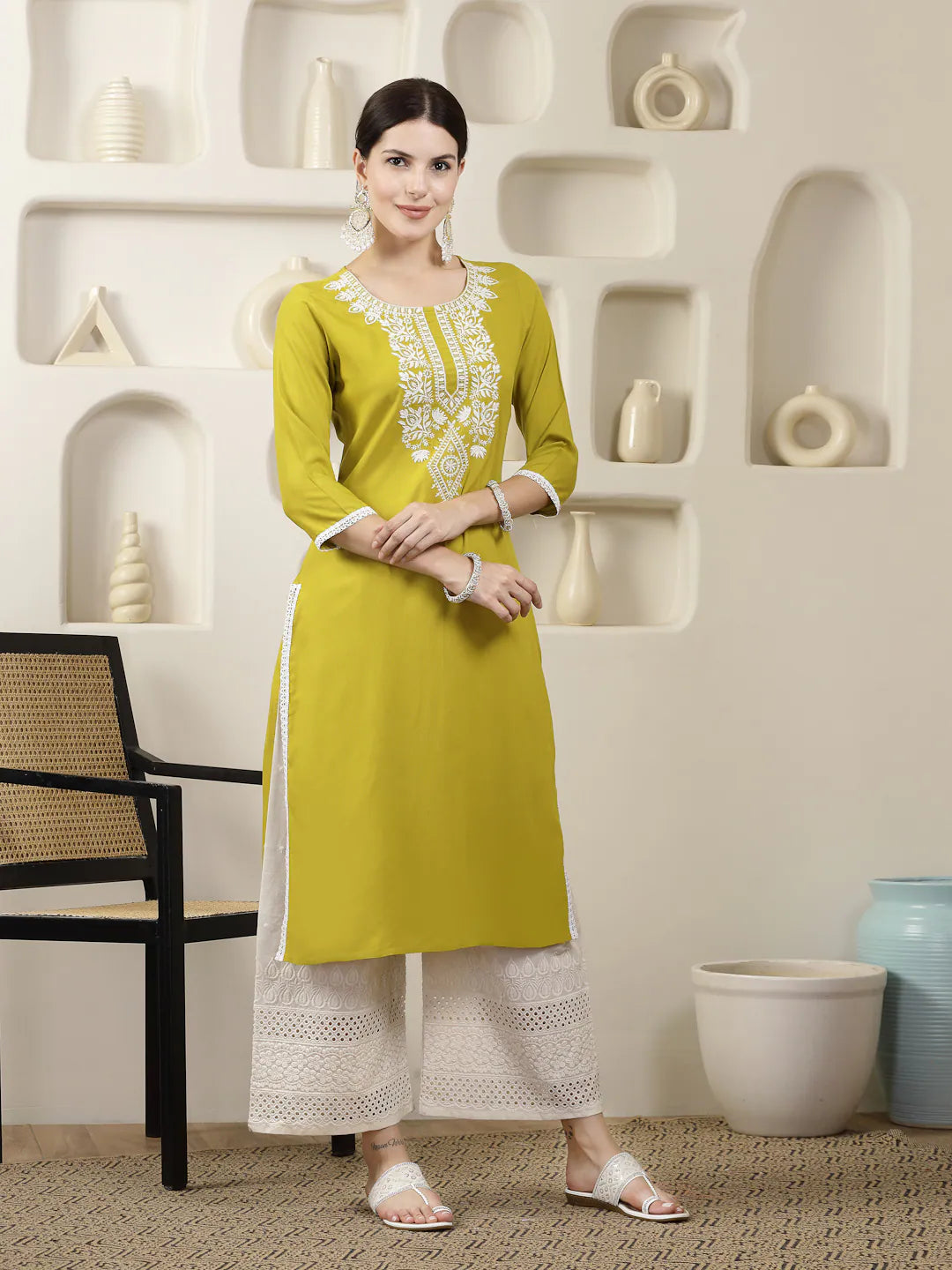Yellow Embroidered Chikankari Kurti - Indian Kurta for Women