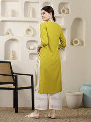 Women's Yellow Solid & Embroidered Rayon Straight Chicken Kurta-CORNERICA