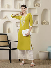 Women's Yellow Solid & Embroidered Rayon Straight Chicken Kurta-CORNERICA