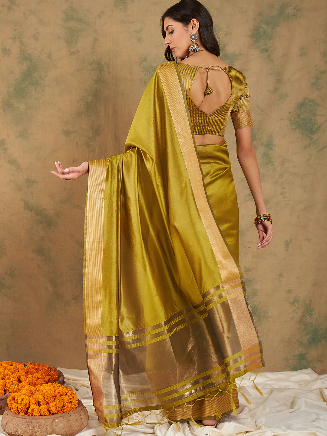 Yellow Organza Saree: Womens Indian Sari - Banarasi Touch