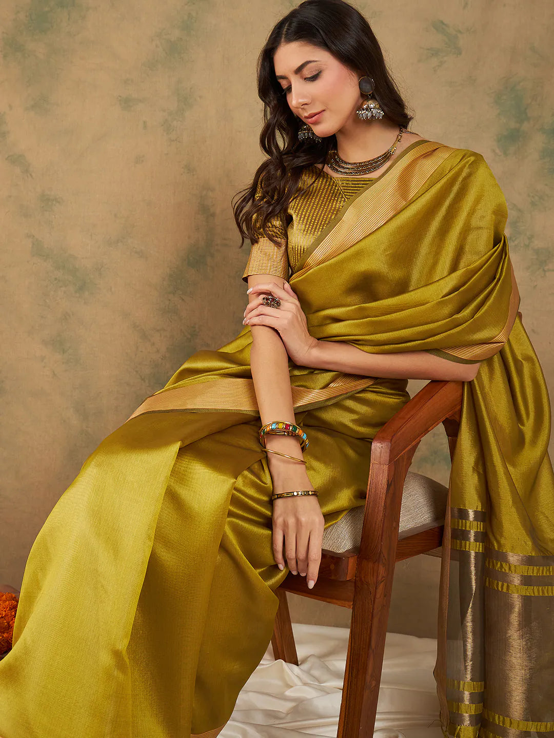Yellow Organza Saree: Womens Indian Sari - Banarasi Touch