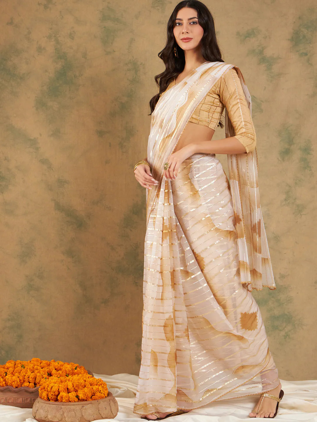 Beige Organza Saree | Indian Sarees - Woven Design