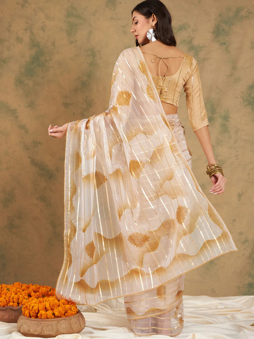 Beige Organza Saree | Indian Sarees - Woven Design