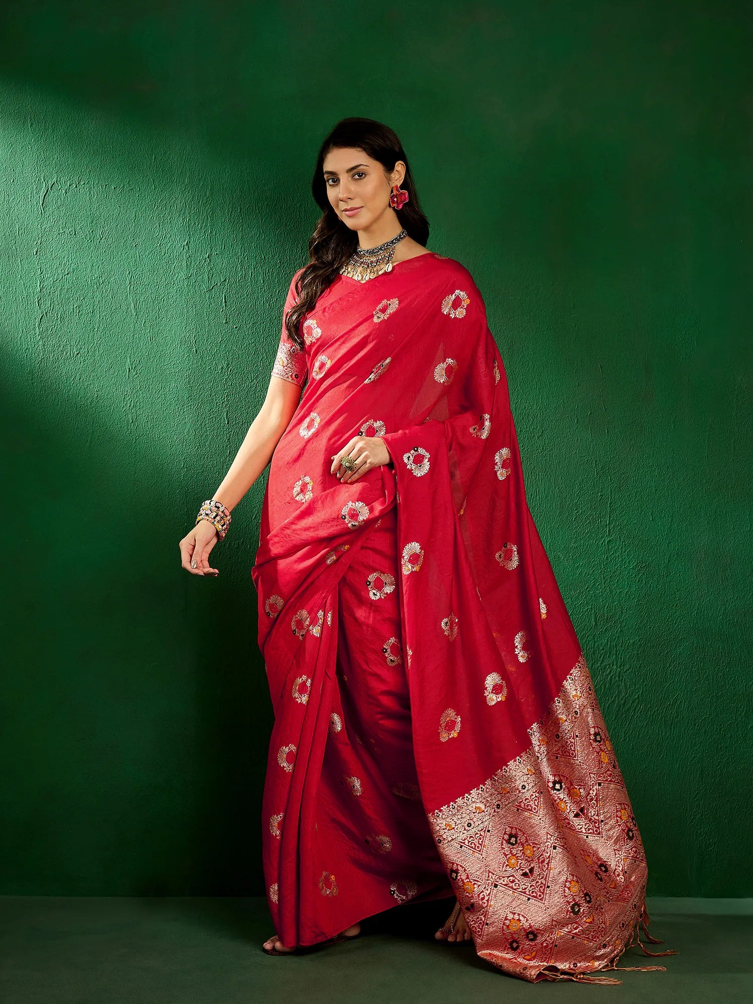 Red Polyester Saree: Woven Design | Indian Sarees