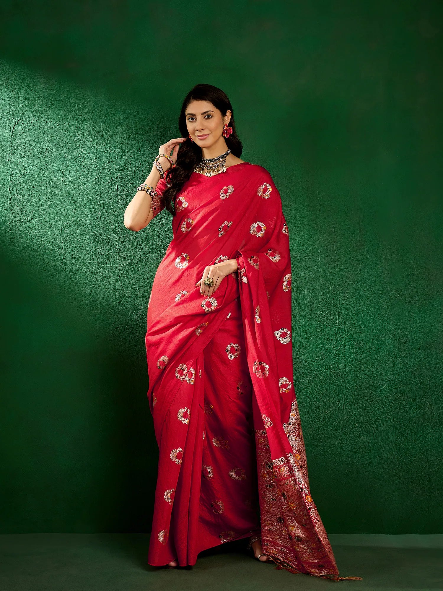 Red Polyester Saree: Woven Design | Indian Sarees