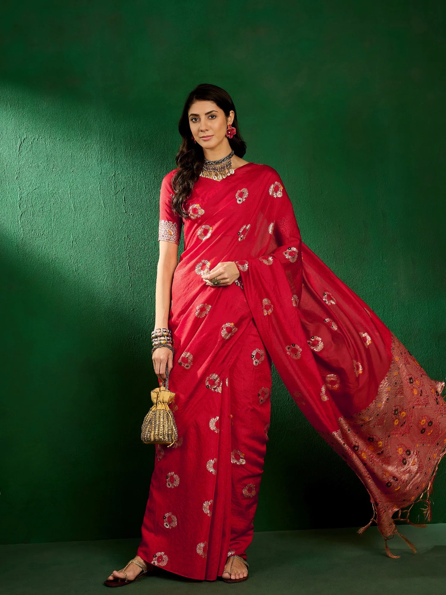 Red Polyester Saree: Woven Design | Indian Sarees