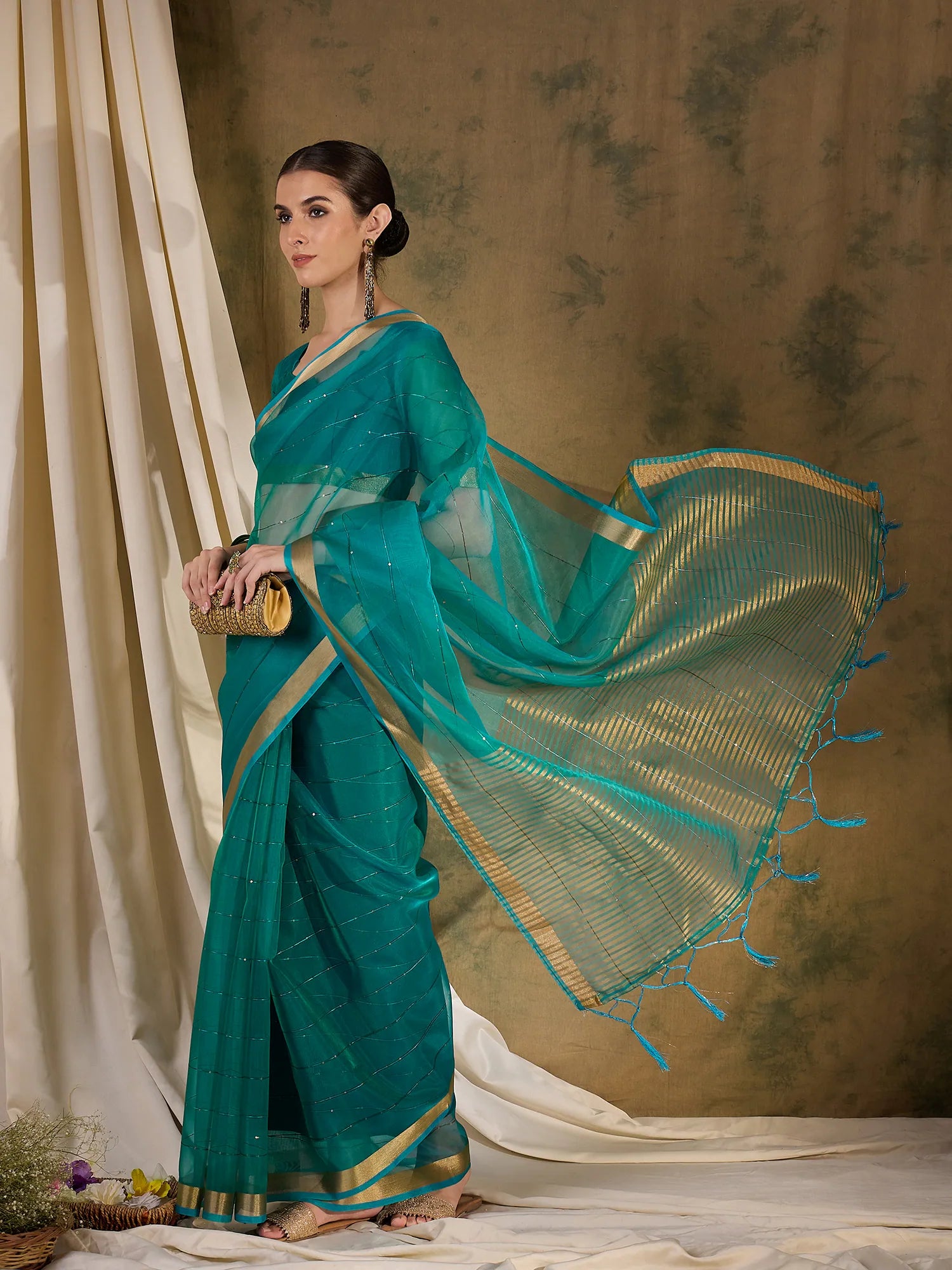 Teal Organza Saree: Designer Sarees India