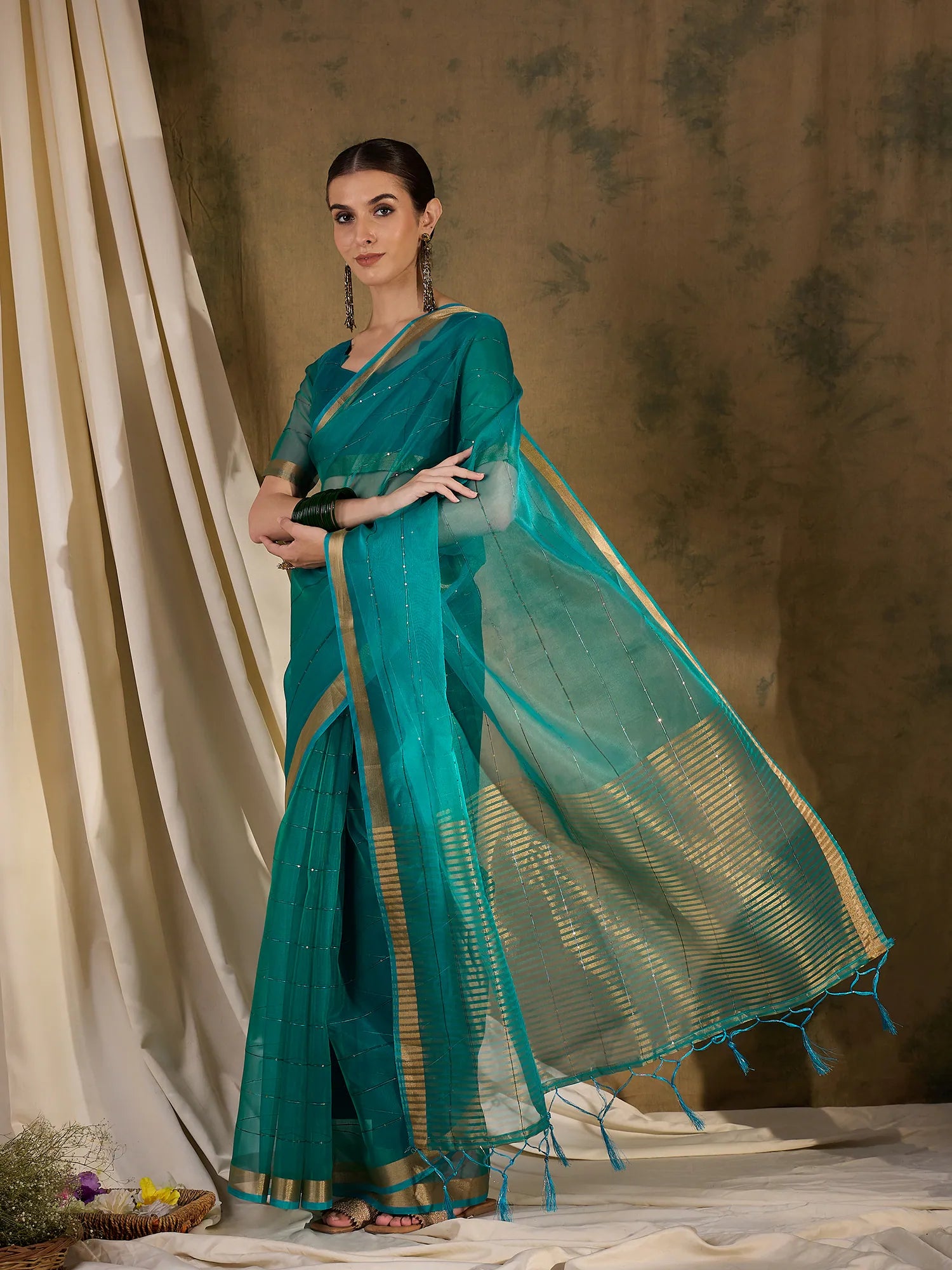 Teal Organza Saree: Designer Sarees India