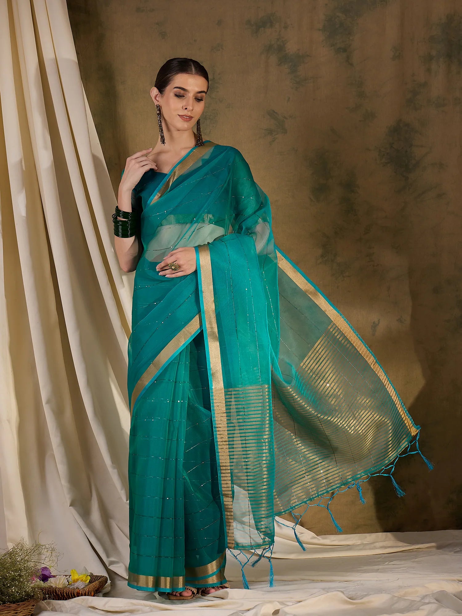 Teal Organza Saree: Designer Sarees India