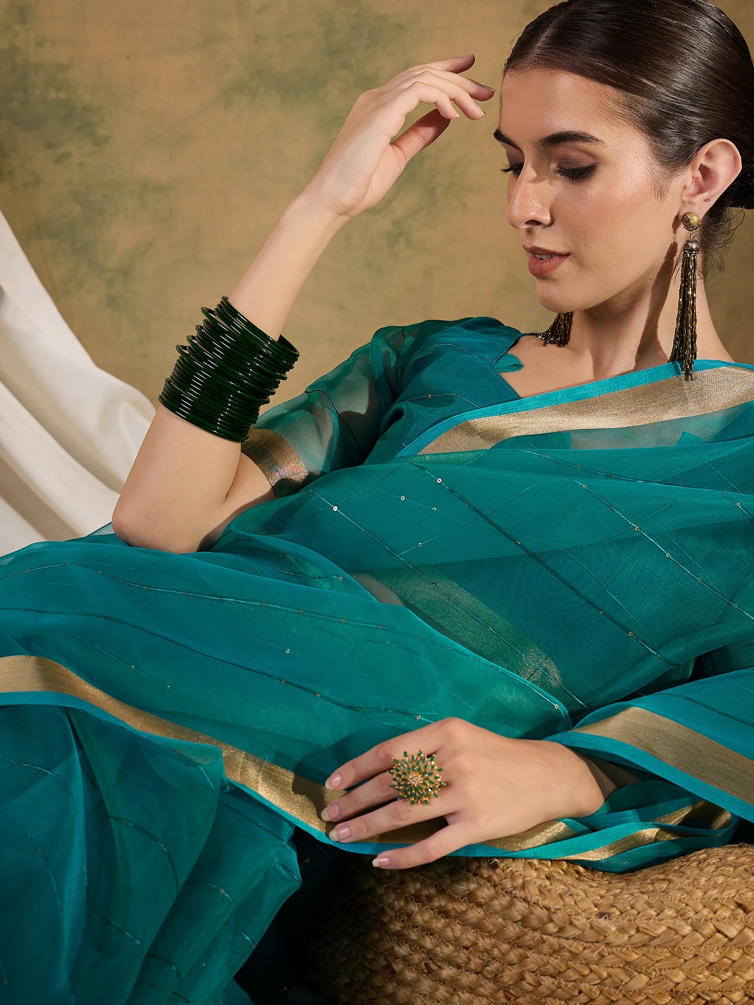 Teal Organza Saree: Designer Sarees India
