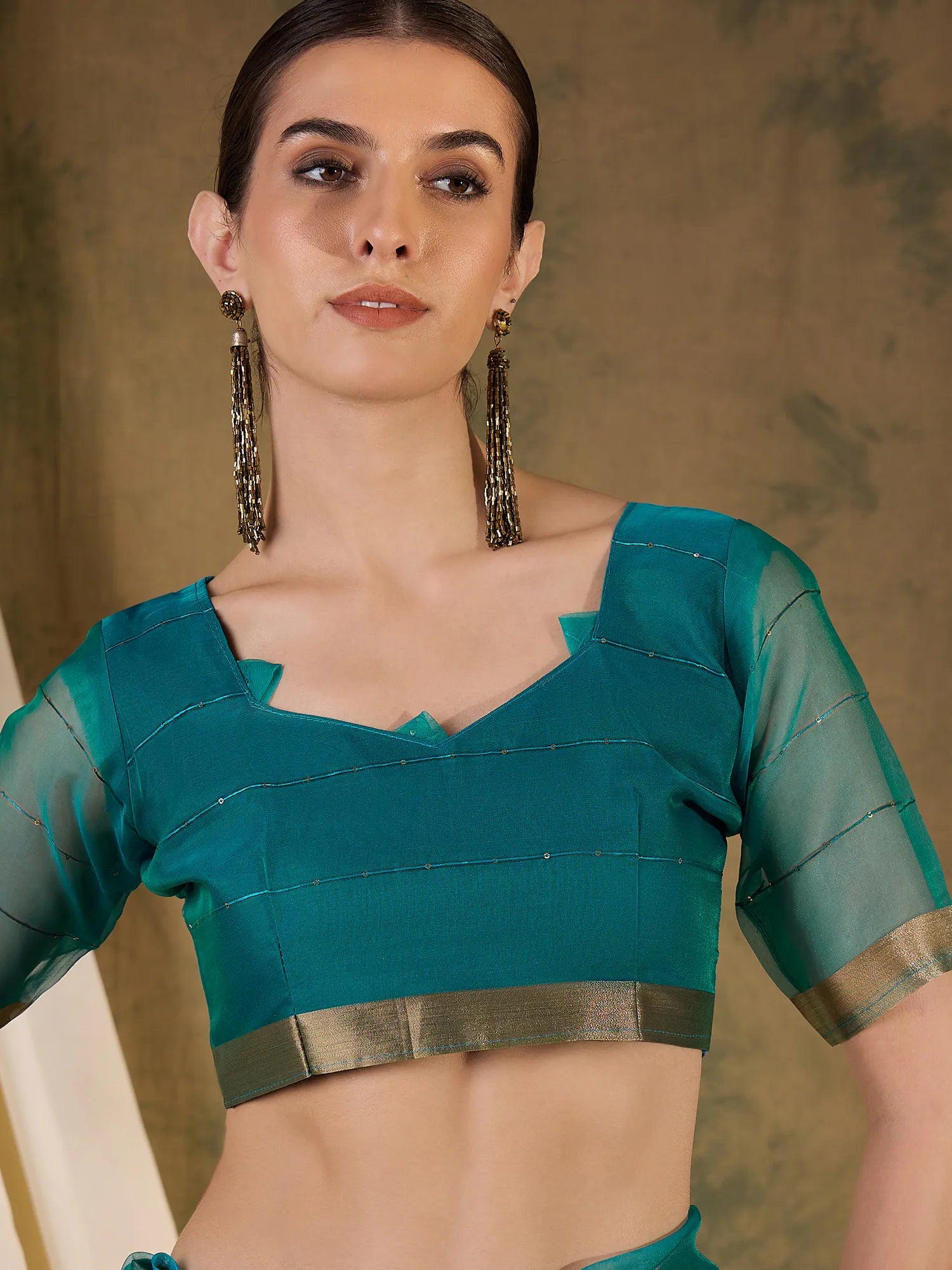 Teal Organza Saree: Designer Sarees India