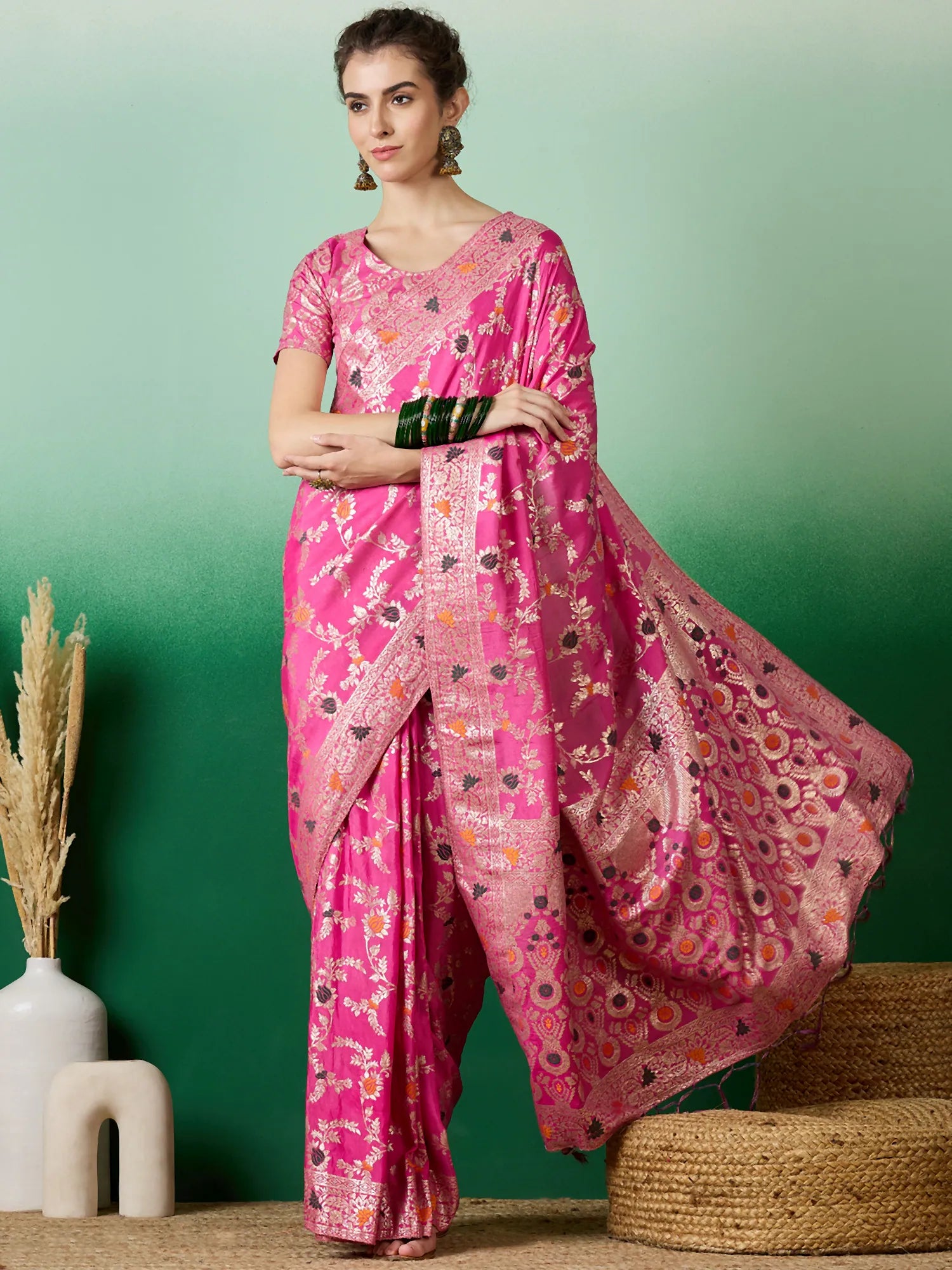 Pink Polyester Saree | Stylish Designer Sarees India