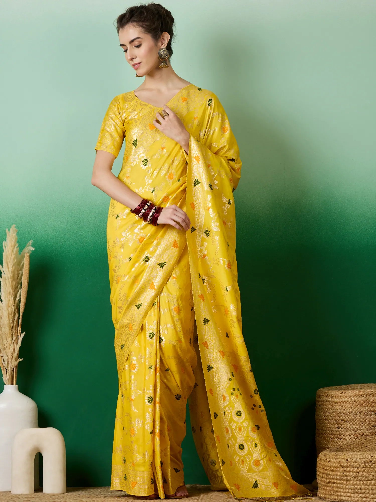 Yellow Polyester Saree: Indian Sarees & Woven Design