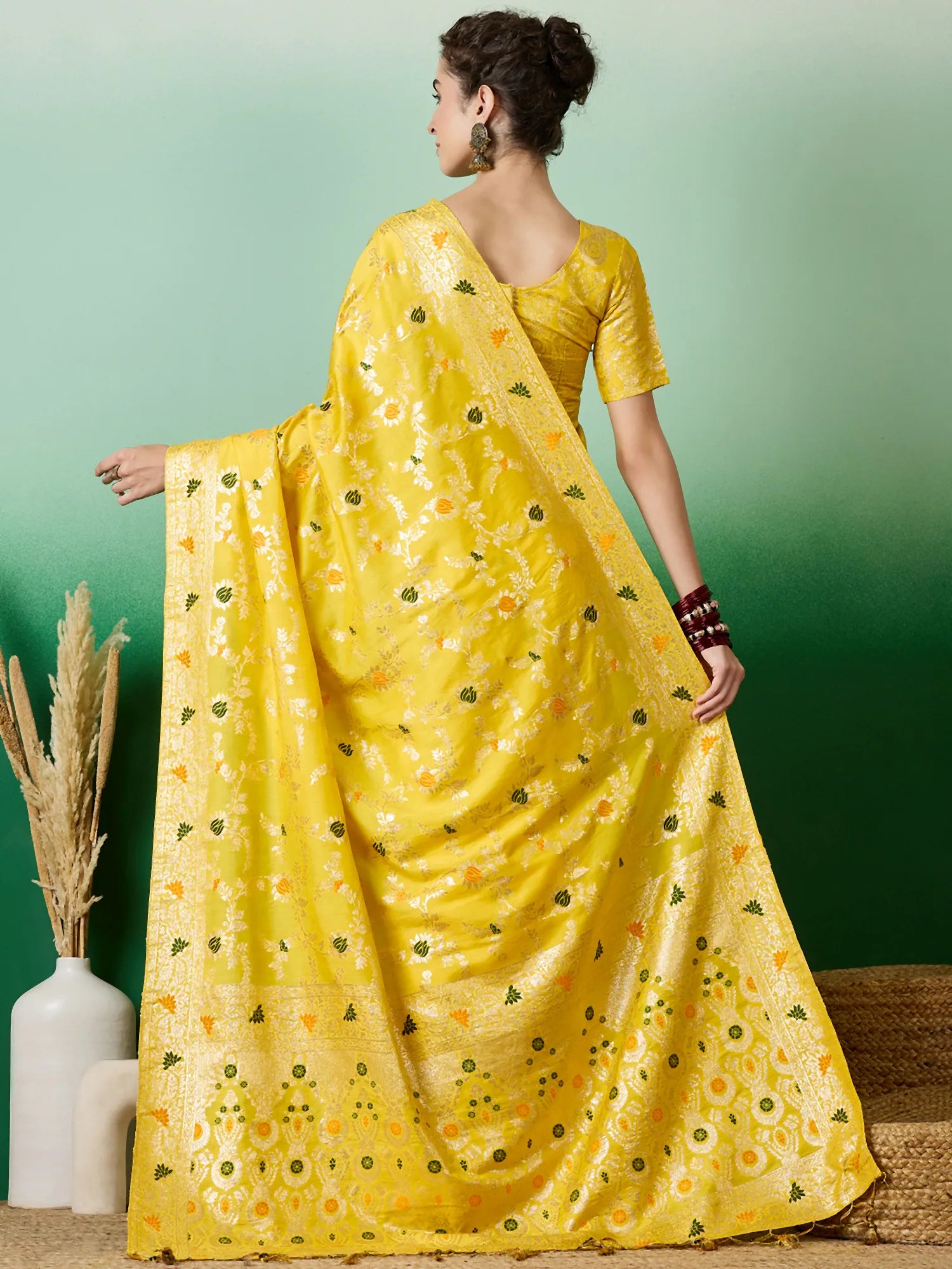 Yellow Polyester Saree: Indian Sarees & Woven Design