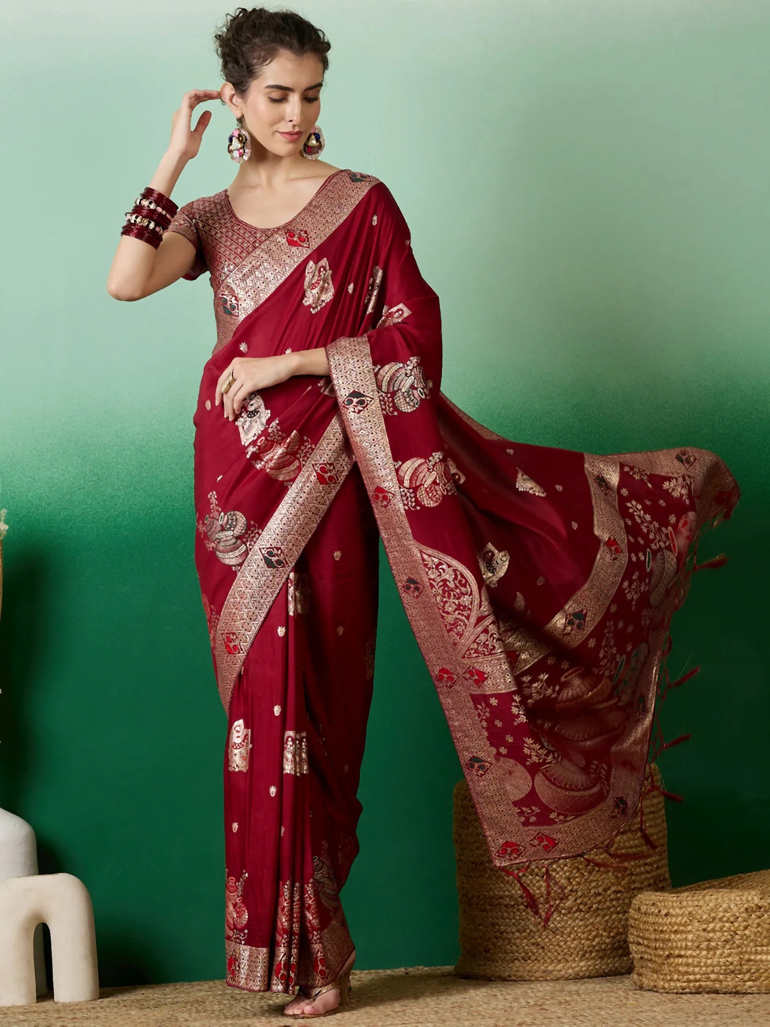 Maroon Woven Design Indian Sari - Polyester Saree for Women