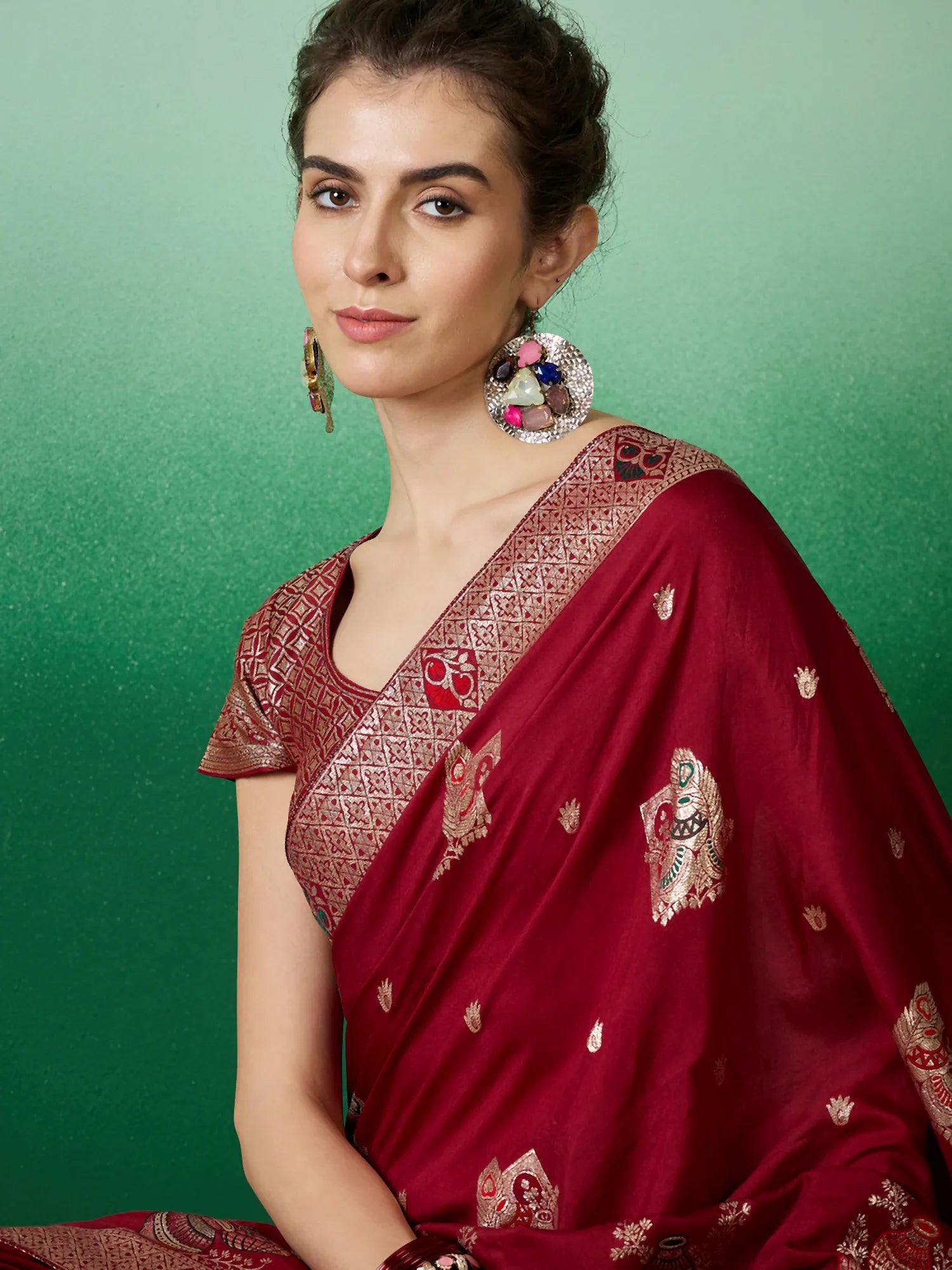 Maroon Woven Design Indian Sari - Polyester Saree for Women