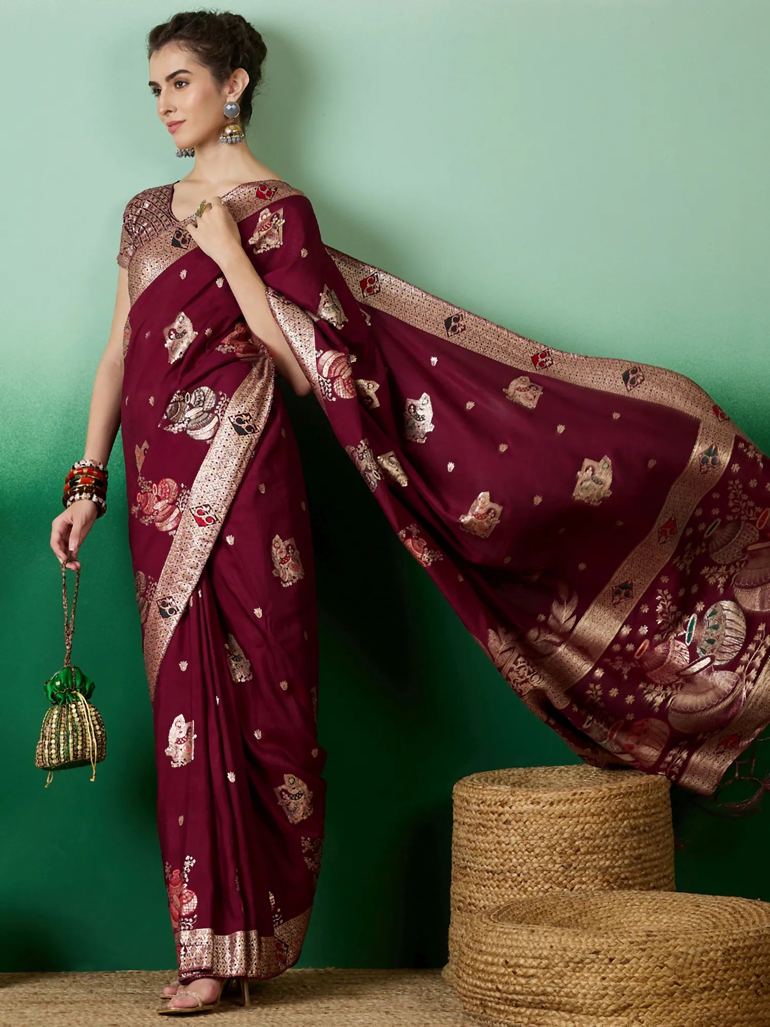 Wine Woven Polyester Indian Sari - Elegant Ethnic Style