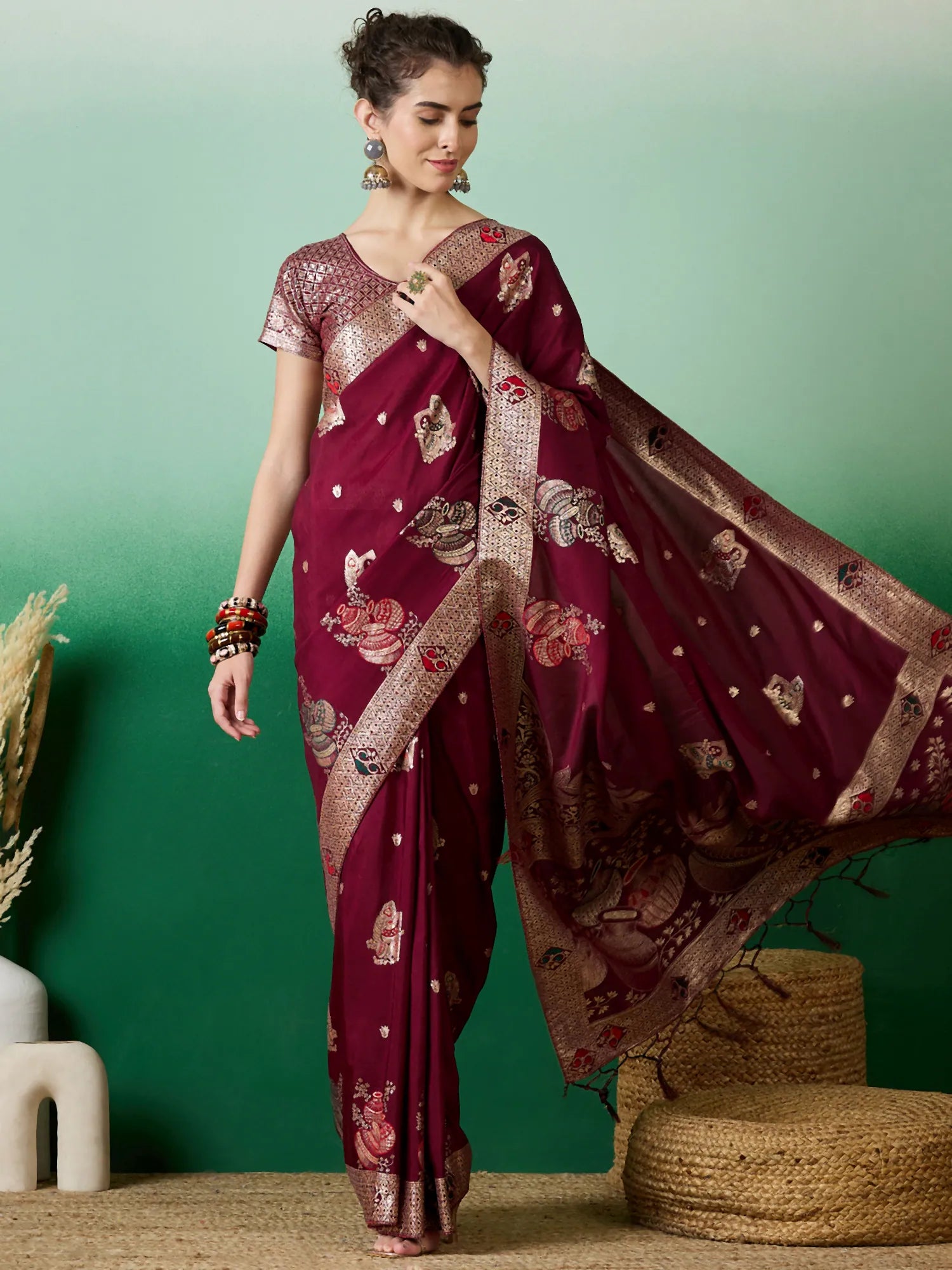 Wine Woven Polyester Indian Sari - Elegant Ethnic Style