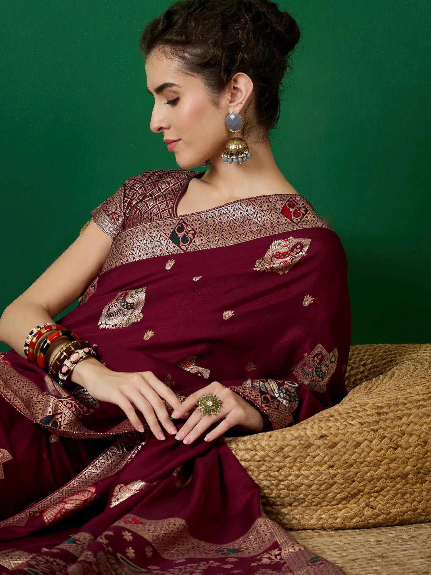 Wine Woven Polyester Indian Sari - Elegant Ethnic Style