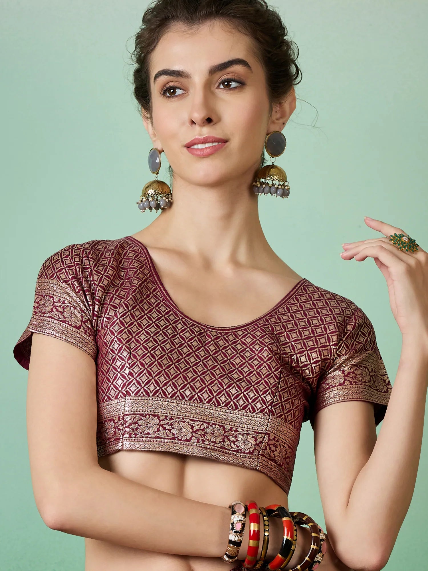 Wine Woven Polyester Indian Sari - Elegant Ethnic Style