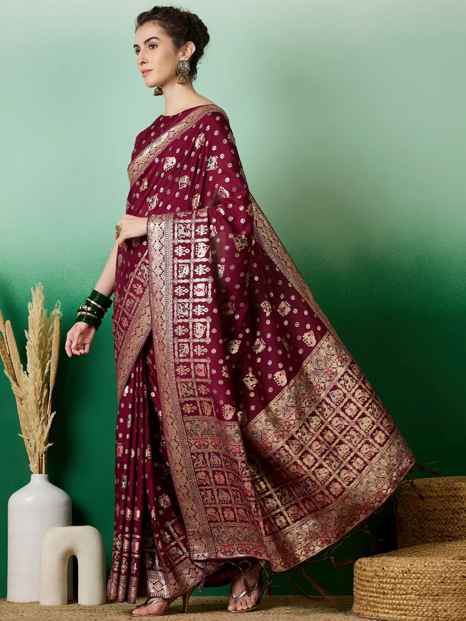 Wine Polyester Saree: Designer Sarees India & Ethnic Style