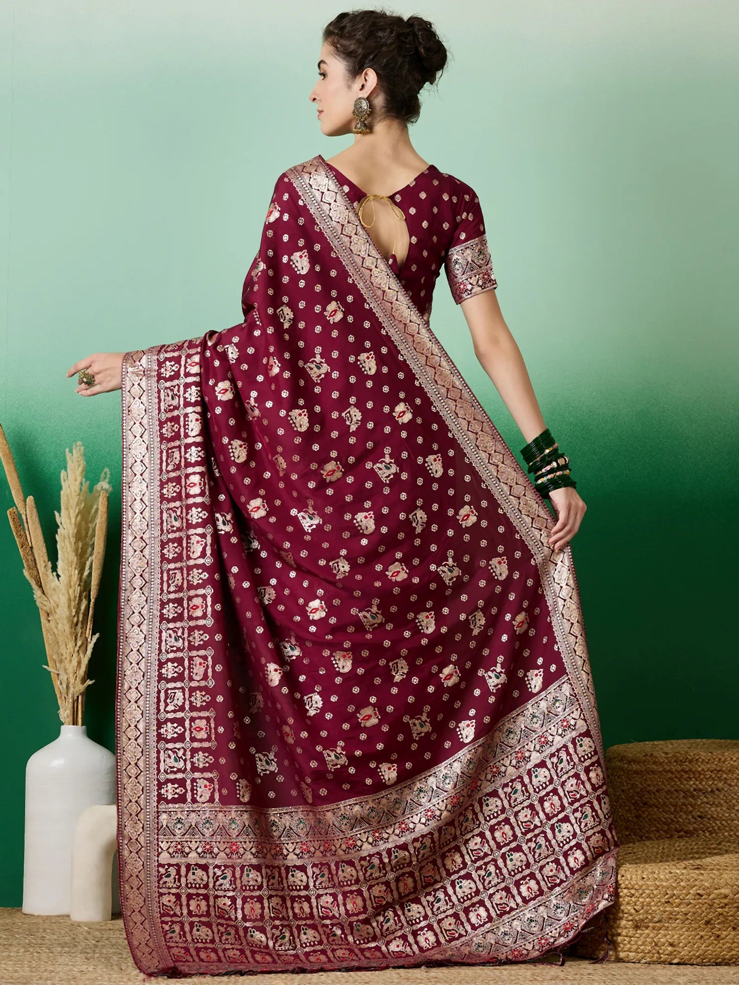 Wine Polyester Saree: Designer Sarees India & Ethnic Style